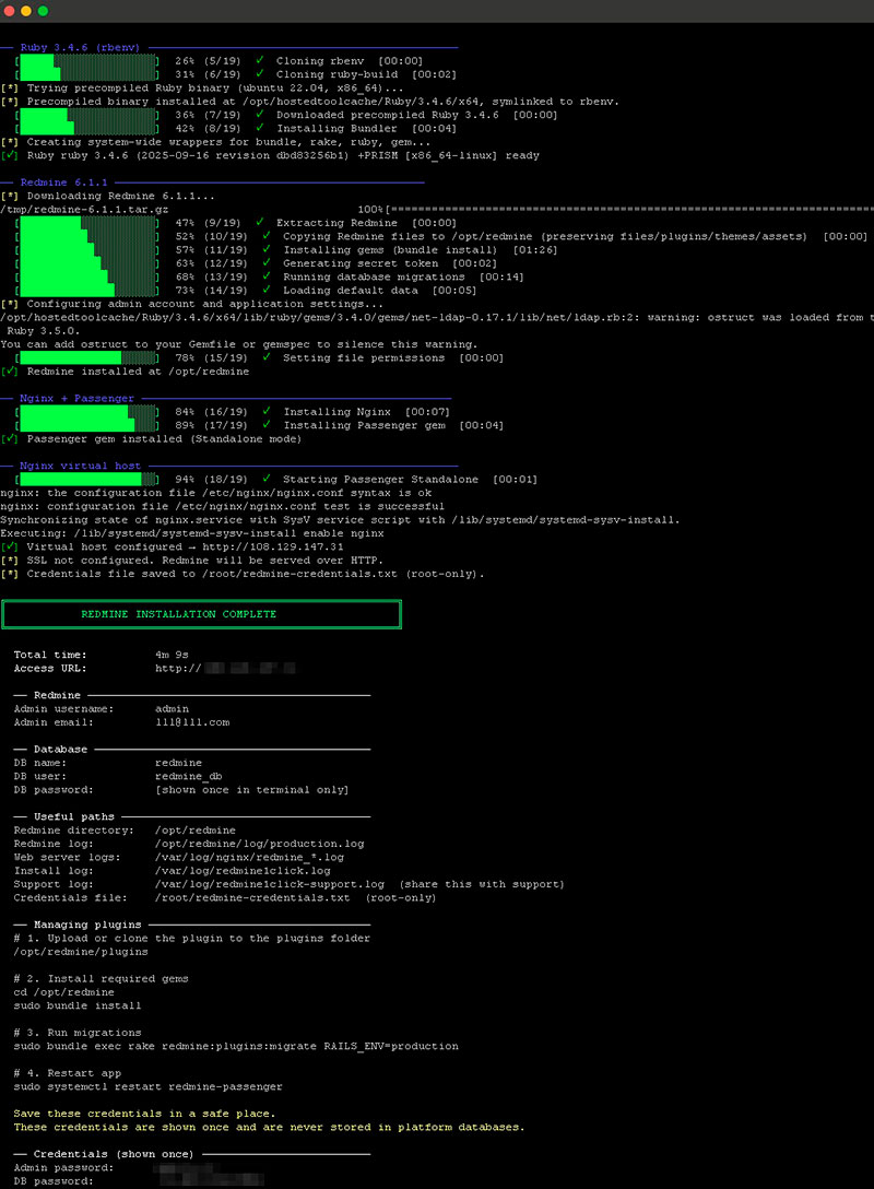 Installer finished — success banner with credentials summary