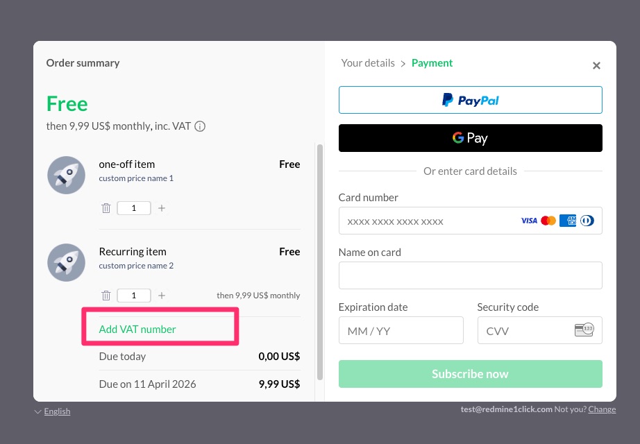 Checkout screen showing the Add VAT number link
